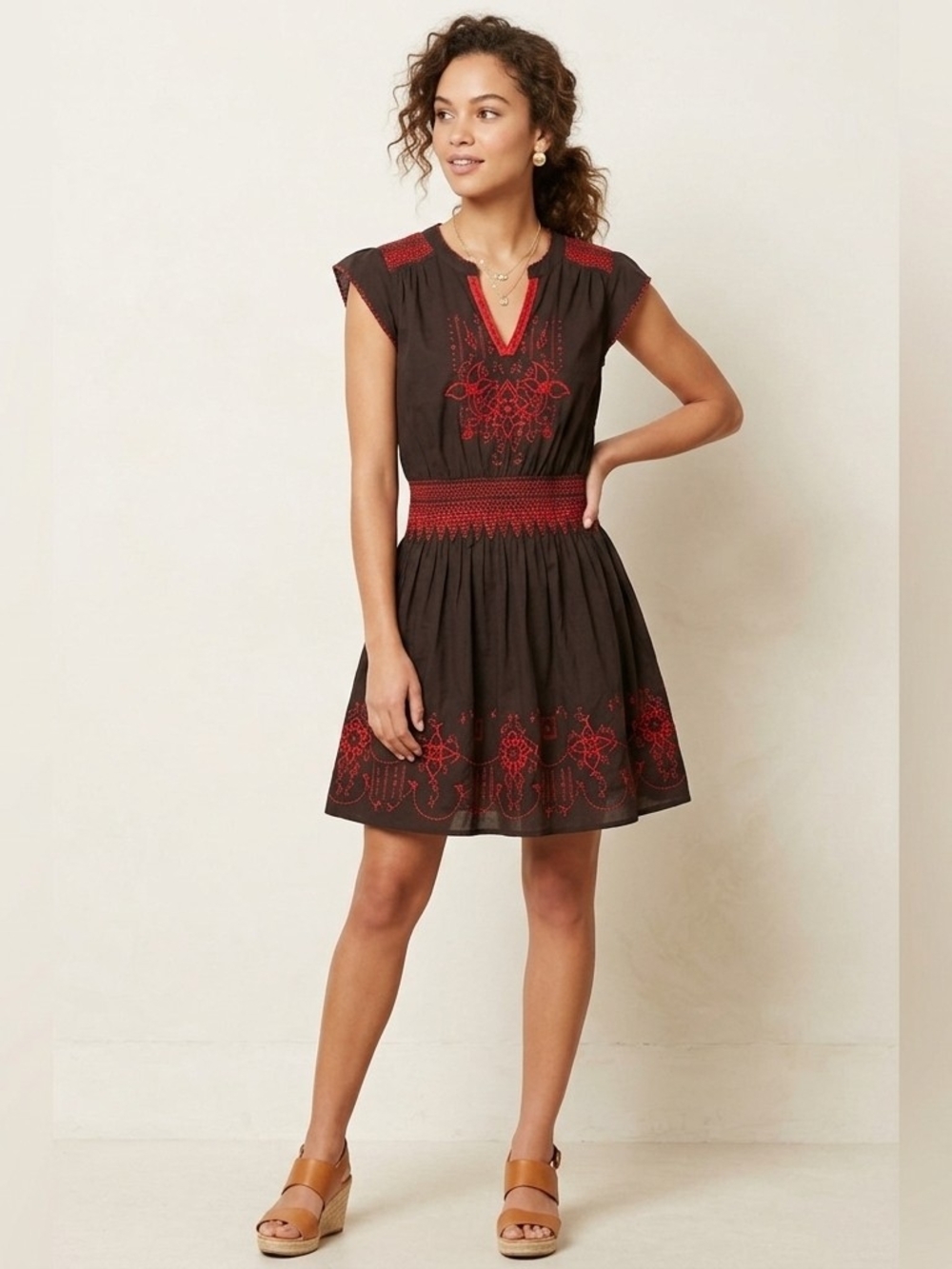 Free People Brown Mini Dress with Red Embroidery